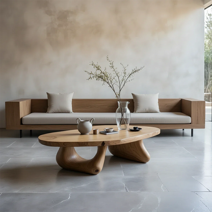 Oak coffee table with thick top and curved base design in a soft toned minimalist living room