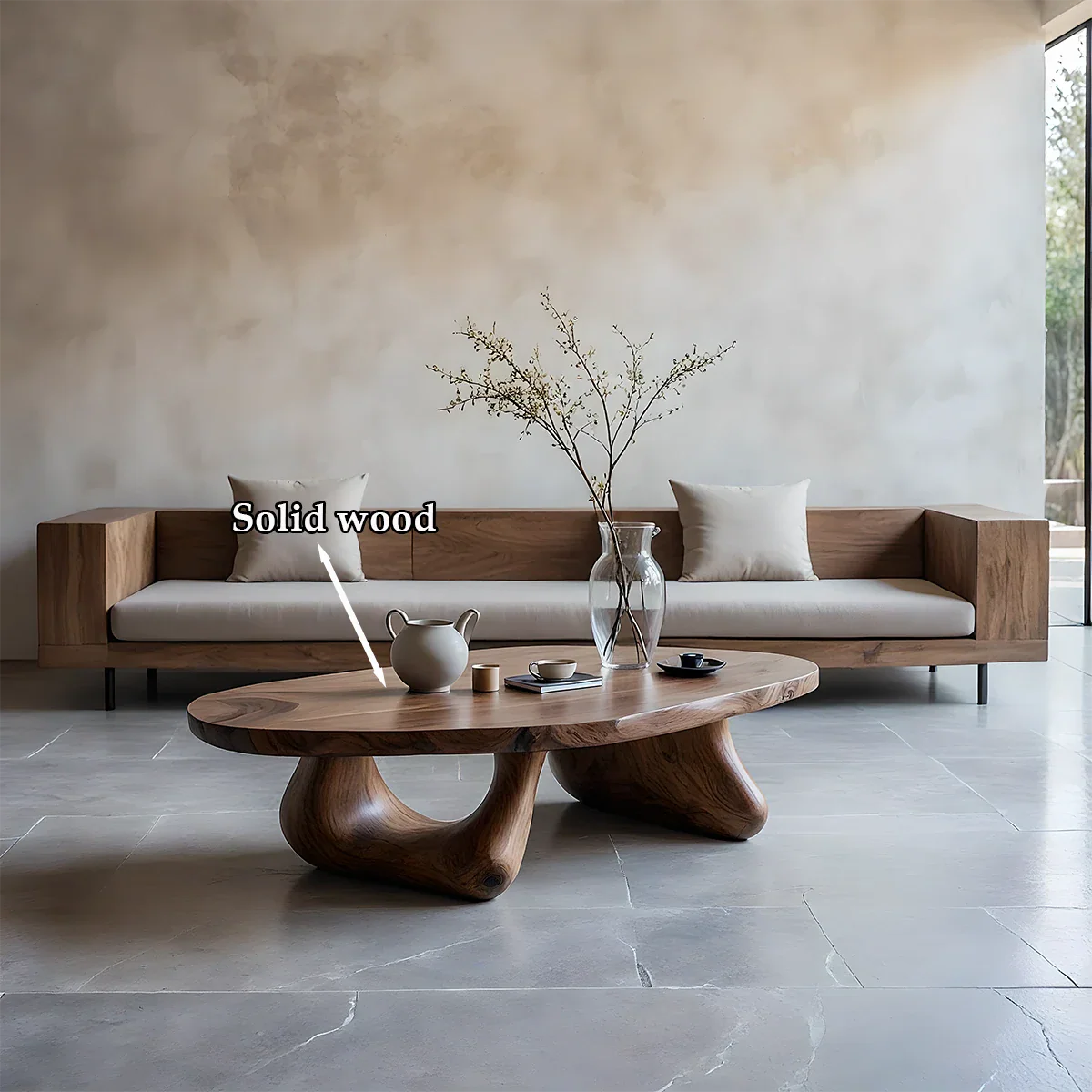 Walnut coffee table with natural grain detail and sculptural base in a refined modern interior