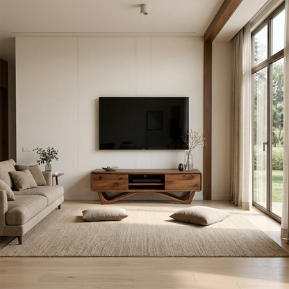 A modern TV stand in walnut color finish featuring clean lines and a low profile silhouette