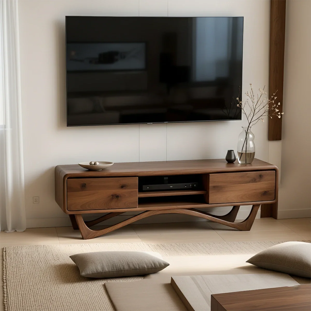 This walnut color TV stand showcases seamless drawers and open media shelf in a warm interior