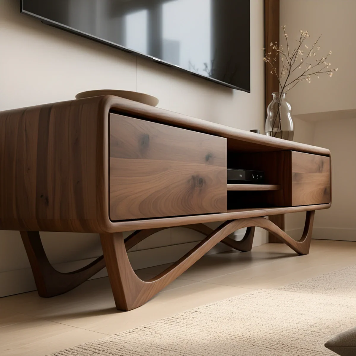 Featuring a walnut color TV stand with curved base and integrated storage compartments