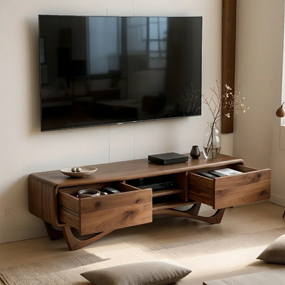 A low profile TV stand in walnut color finish with smooth edges and minimalist styling