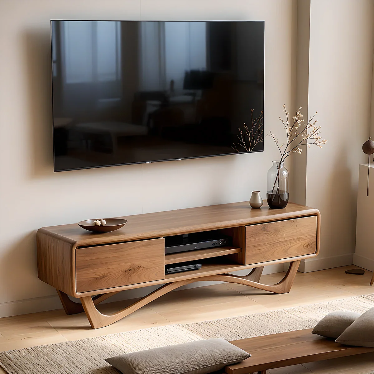 With its brown color finish, the TV stand combines storage drawers and open shelf space
