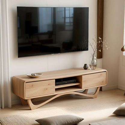 The oak color TV stand blends sculptural base detail and practical media storage layout