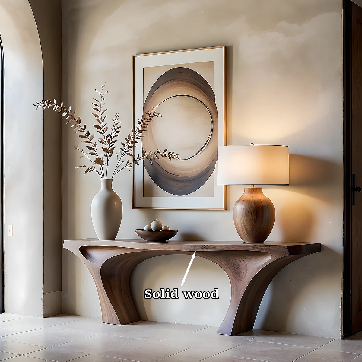 Unique walnut console table with sculpted arch base