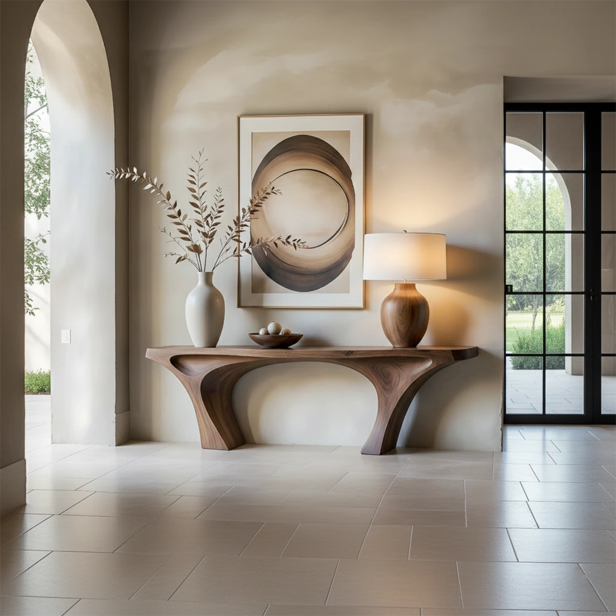 Modern walnut console table with arch support