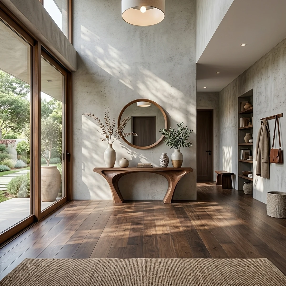 Sculptural walnut console table with double arch base
