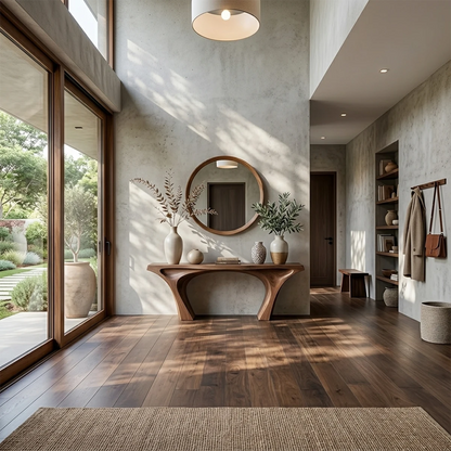 Sculptural walnut console table with double arch base