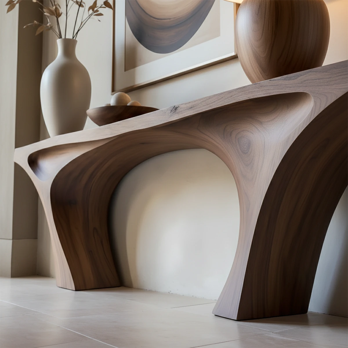 Contemporary walnut console table with arch frame