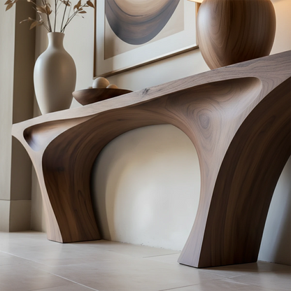 Contemporary walnut console table with arch frame