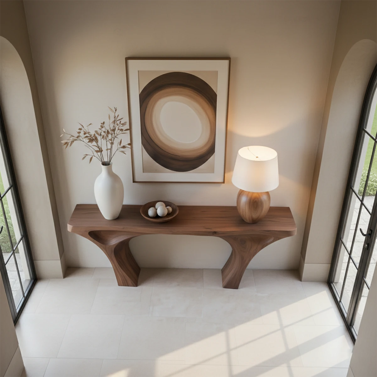 Artistic walnut console table with dual curve base