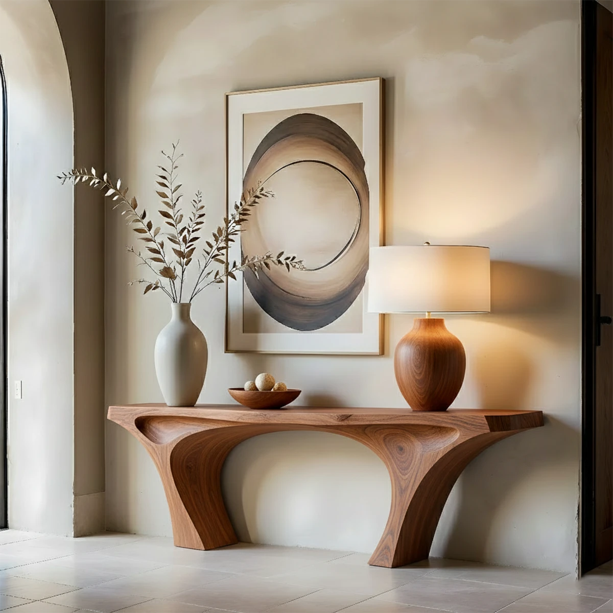 Luxury walnut console table with arch wood support