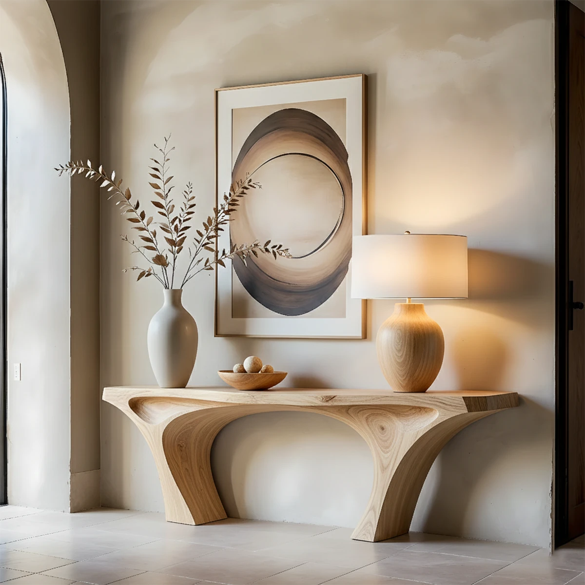 Minimal walnut console table with curved arch design