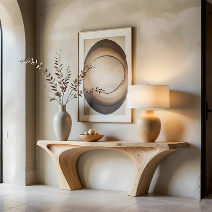 Minimal walnut console table with curved arch design