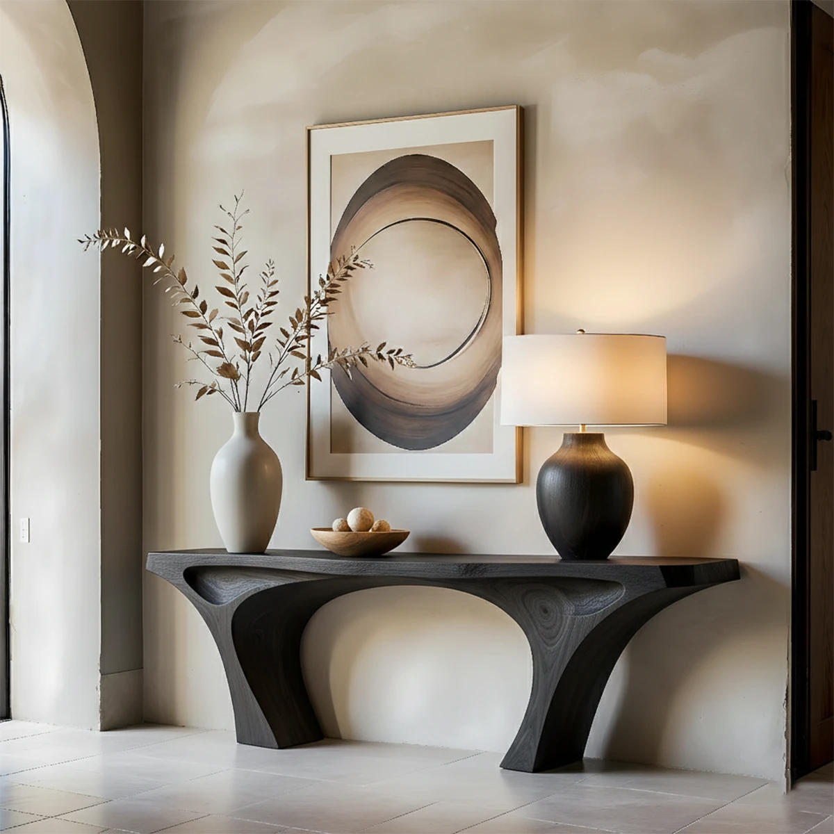 Designer walnut console table with double arch legs