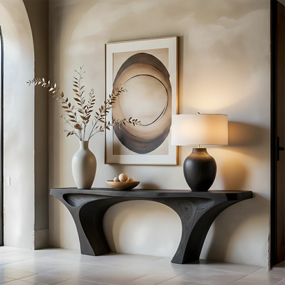 Designer walnut console table with double arch legs