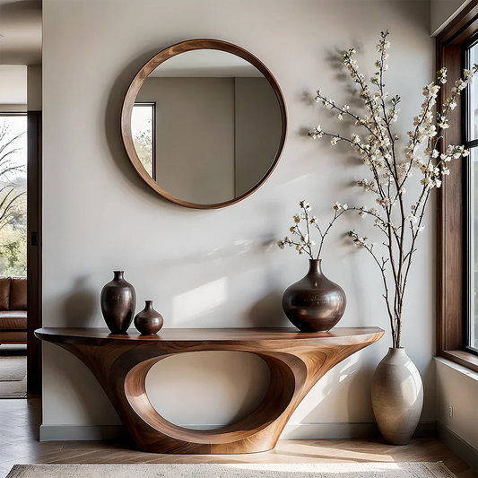 Modern walnut console table with oval hollow base