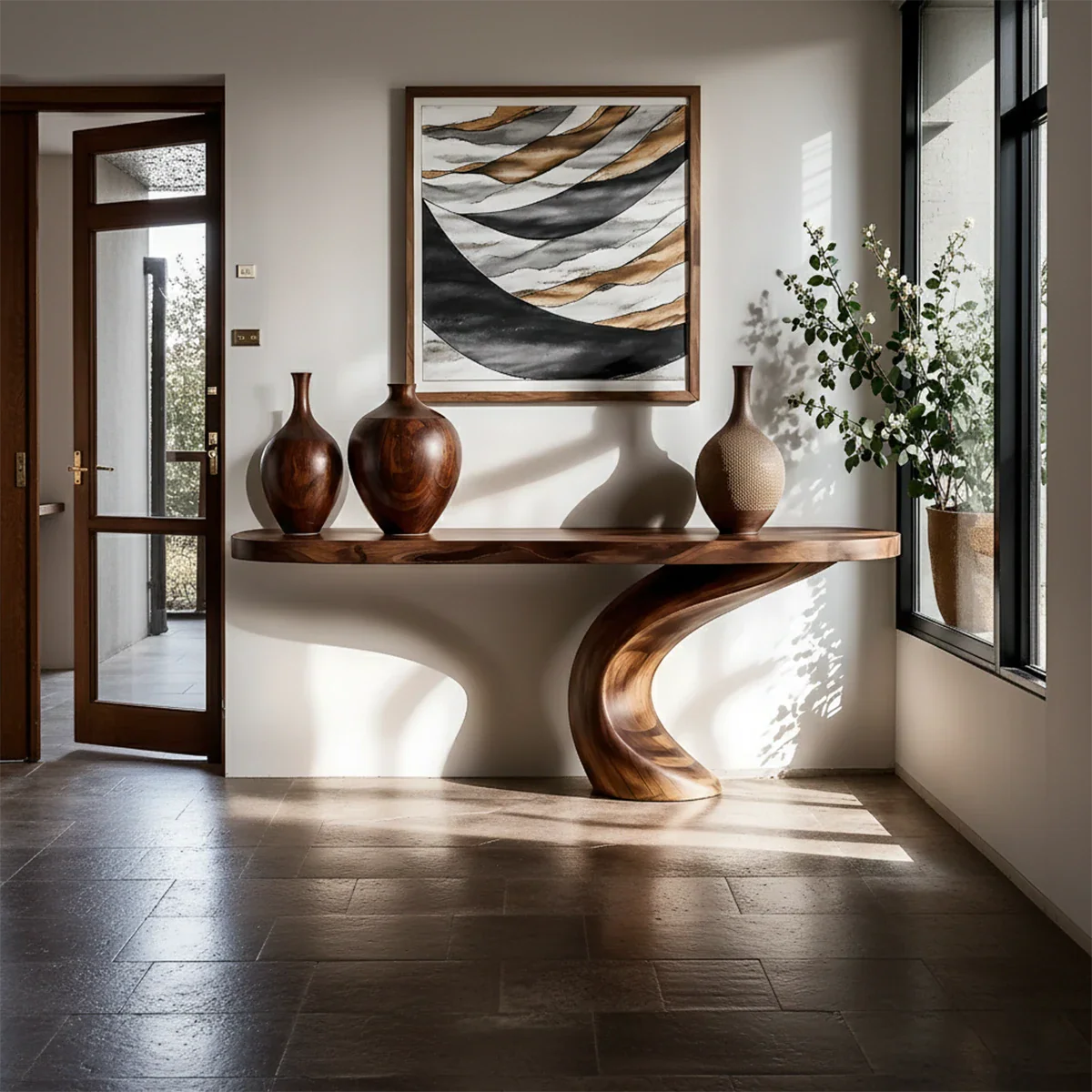 Sculptural walnut console table with curved S base