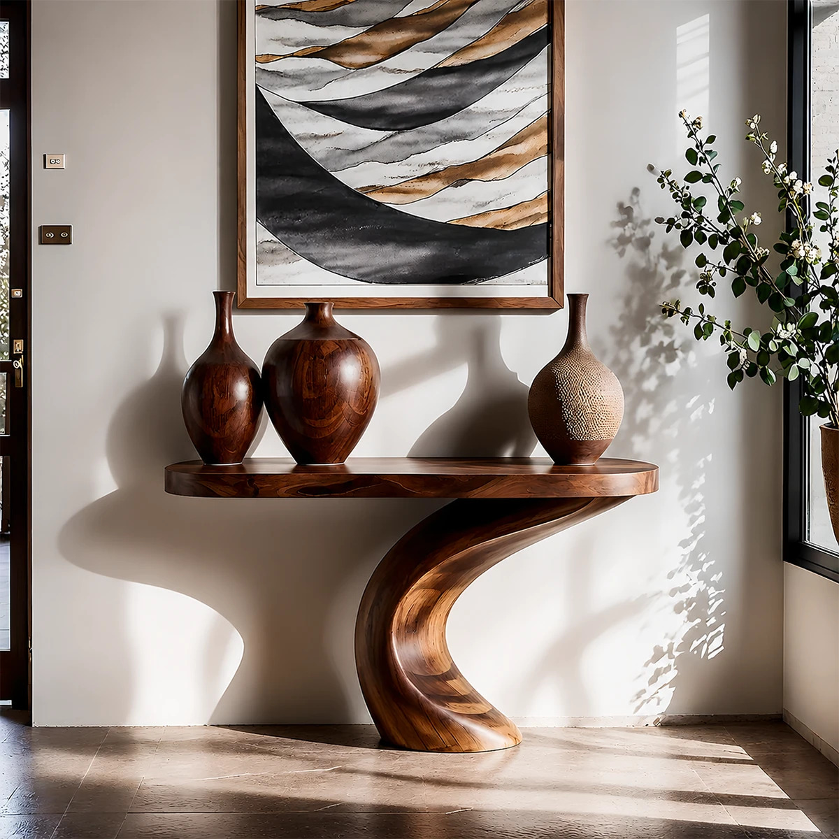 Luxury Sculptural Console Table Natural Solid Wood Entryway Curved Base