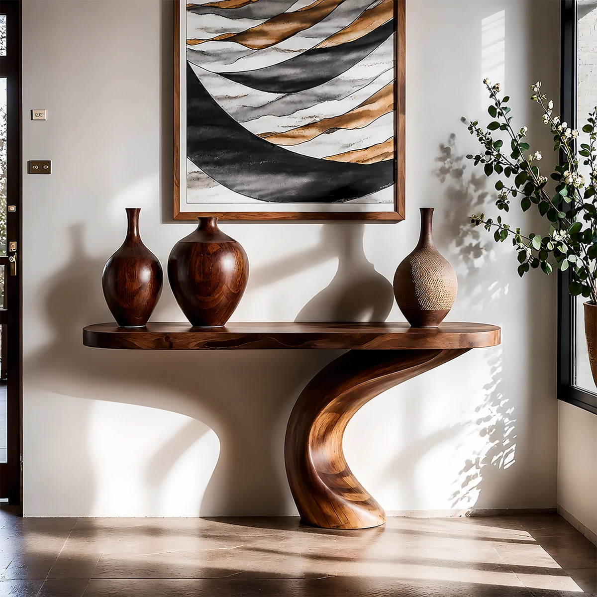 Luxury Sculptural Console Table Natural Solid Wood Entryway Curved Base