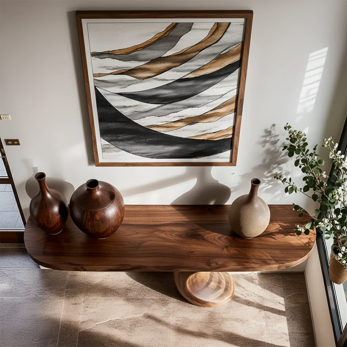 Luxury walnut console table with sculpted S base