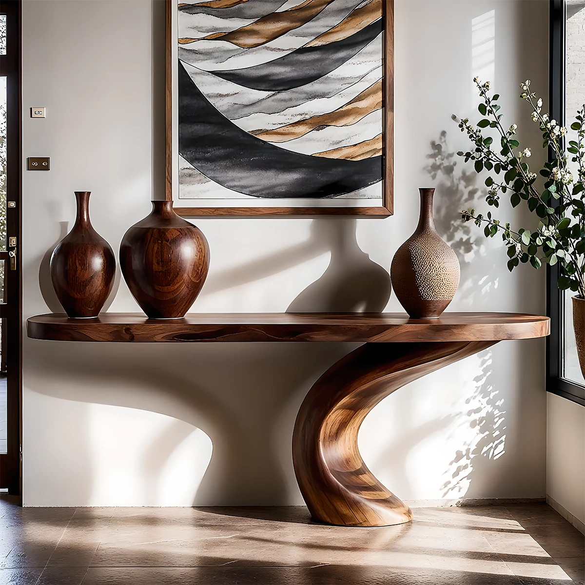 Luxury Sculptural Console Table Natural Solid Wood Entryway Curved Base