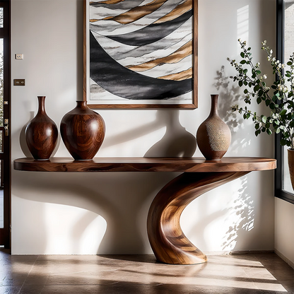 Luxury Sculptural Console Table Natural Solid Wood Entryway Curved Base