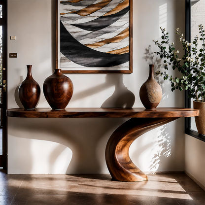 Luxury Sculptural Console Table Natural Solid Wood Entryway Curved Base