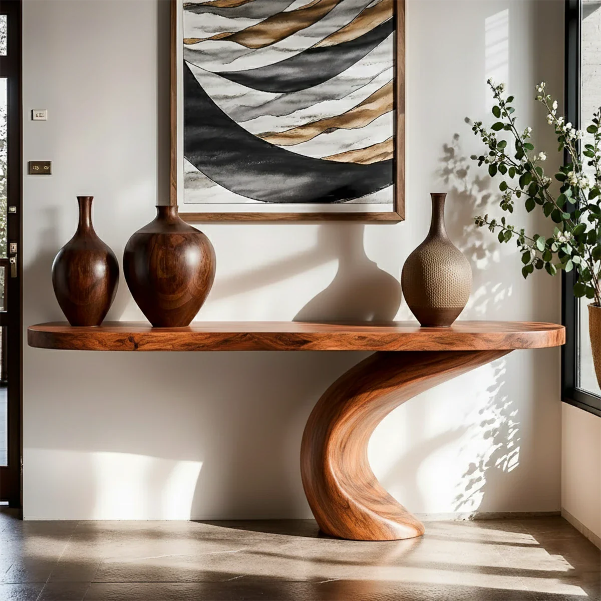Designer walnut console table with S shaped pedestal