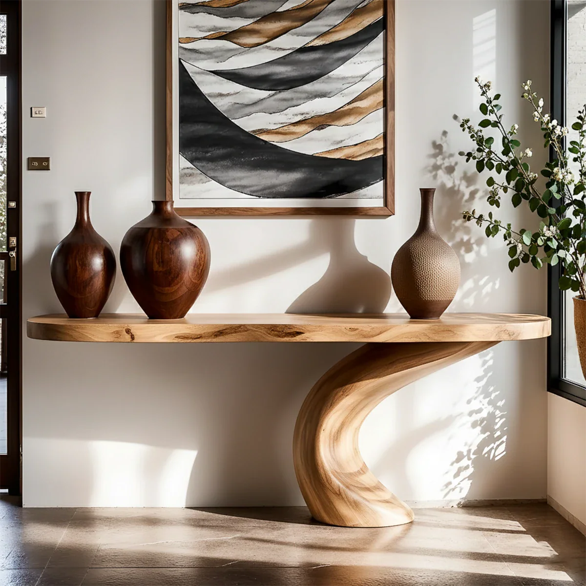 Minimal walnut console table with curved S structure