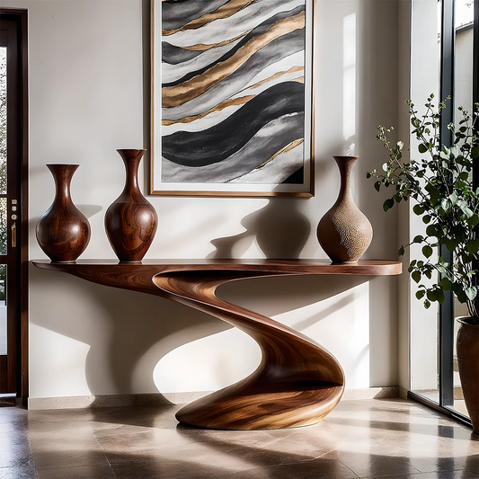 Statement walnut console table with ribbon curve base