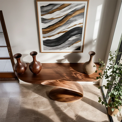Artistic walnut console table with ribbon style support