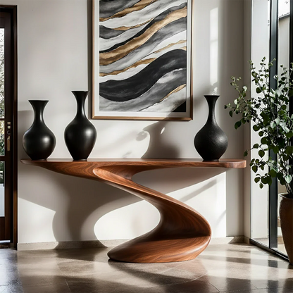 Luxury walnut console table with spiral pedestal base