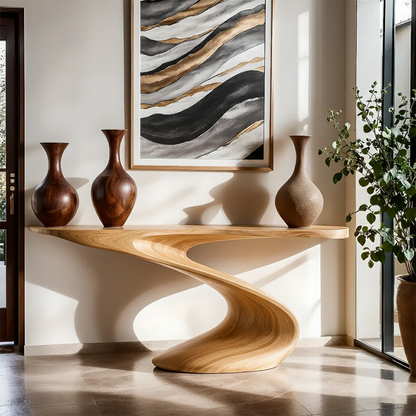 Designer walnut console table with ribbon shaped base