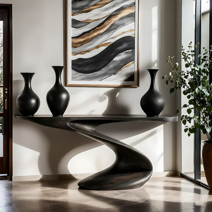 Minimal walnut console table with spiral wood structure