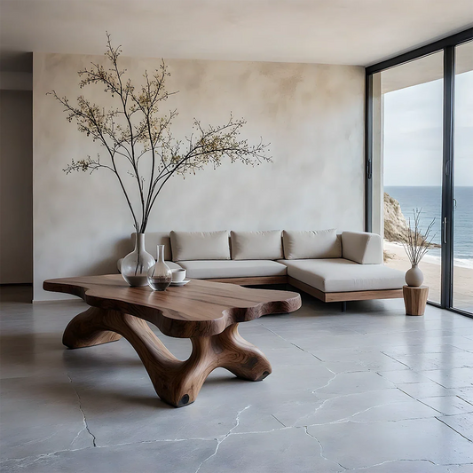 Walnut style coffee table with curved sculptural base and smooth surface in a modern minimalist living space