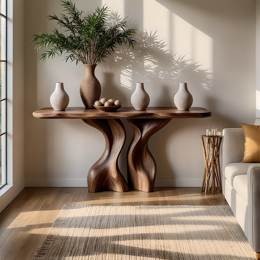 Modern walnut wood console table with twisted base
