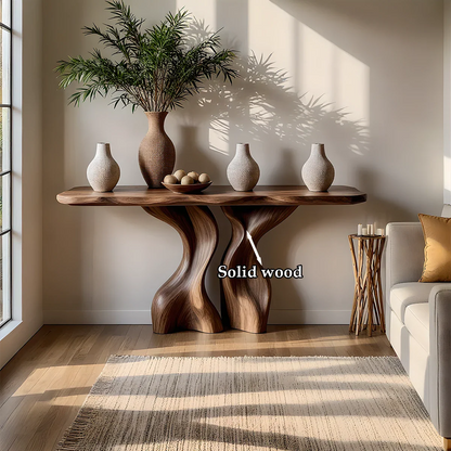 Walnut console table with artistic twisted wood base