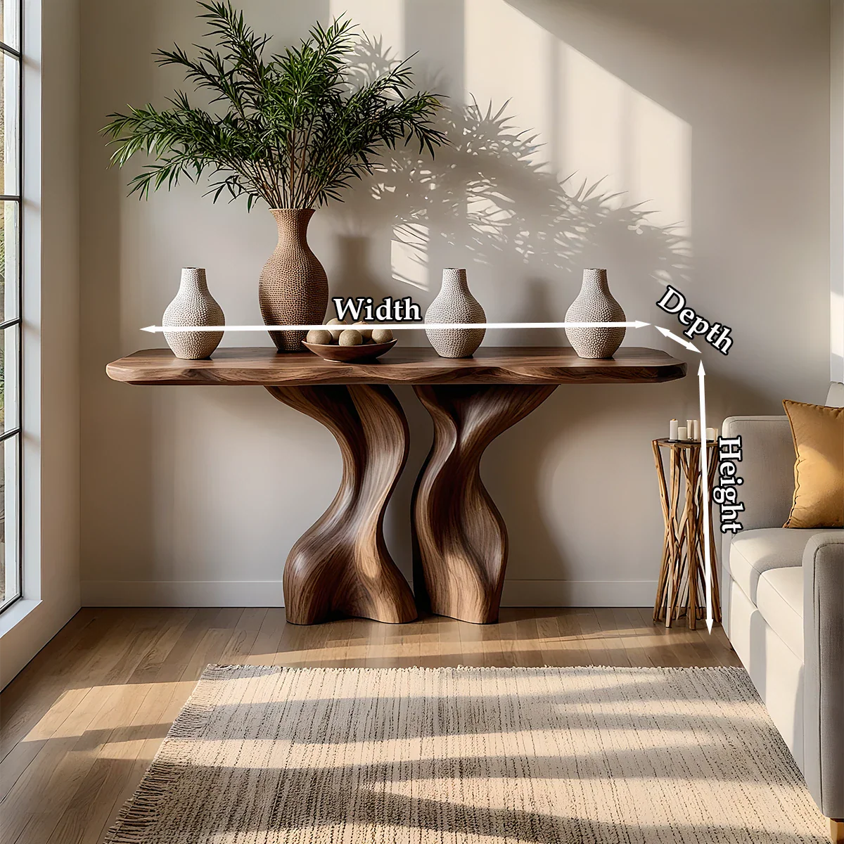 Handcrafted walnut wood console table with sculptural form