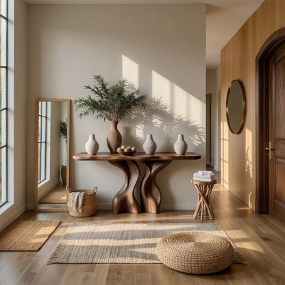 Walnut wood console table with sculptural double legs