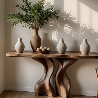 Walnut wooden console table with flowing leg design