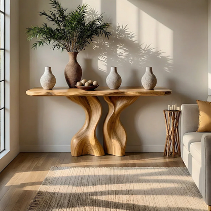 Designer walnut console table with curved wooden legs