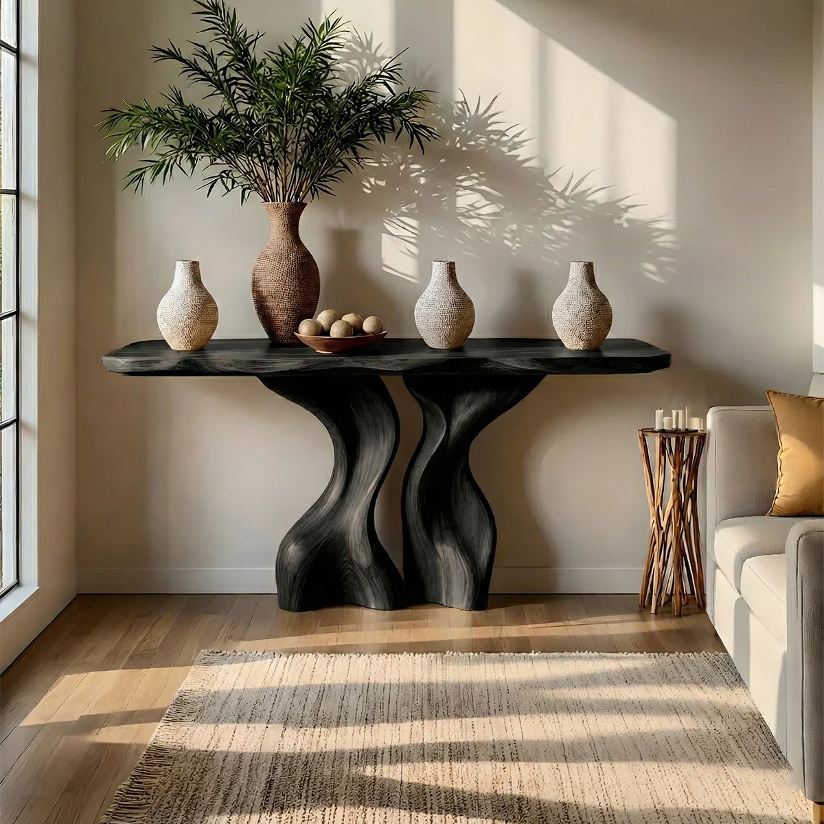 Luxury walnut wood console table with sculpted base