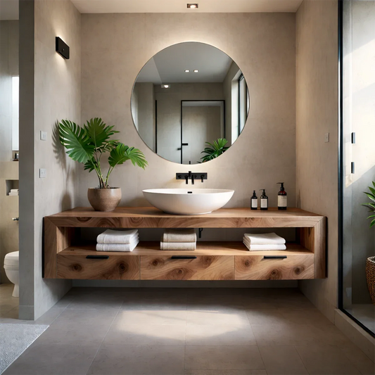 Modern bathroom with walnut floating bathroom vanity and round mirror.