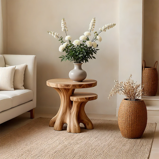 Warm brown end table with curved sculptural base and open shelf for modern living room use