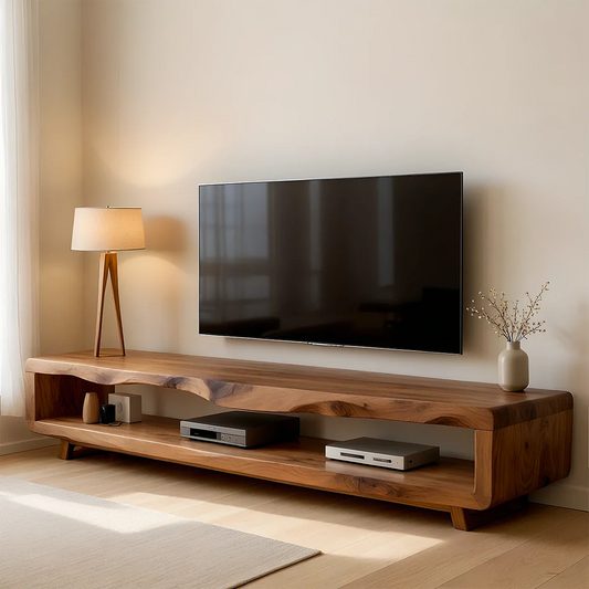 Warm brown TV stand with open shelf design and organic grain detail in a modern living room
