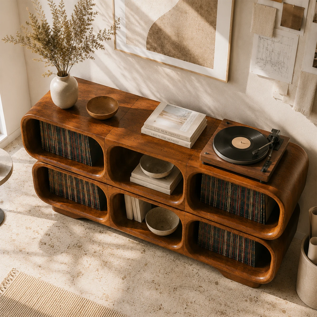 Modular Natural Solid Wood Record Player Stand With Rounded Vinyl Cubes - ArborisWood - 6