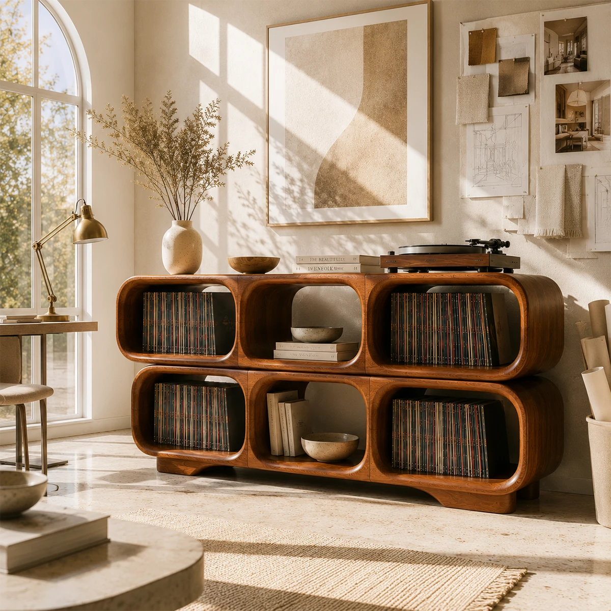 Modular Natural Solid Wood Record Player Stand With Rounded Vinyl Cubes - ArborisWood