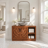 Statement bathroom vanity in natural solid wood with leaf motif panels and basin top