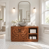 Open shelf bath vanity in natural solid wood with carved doors and towel storage